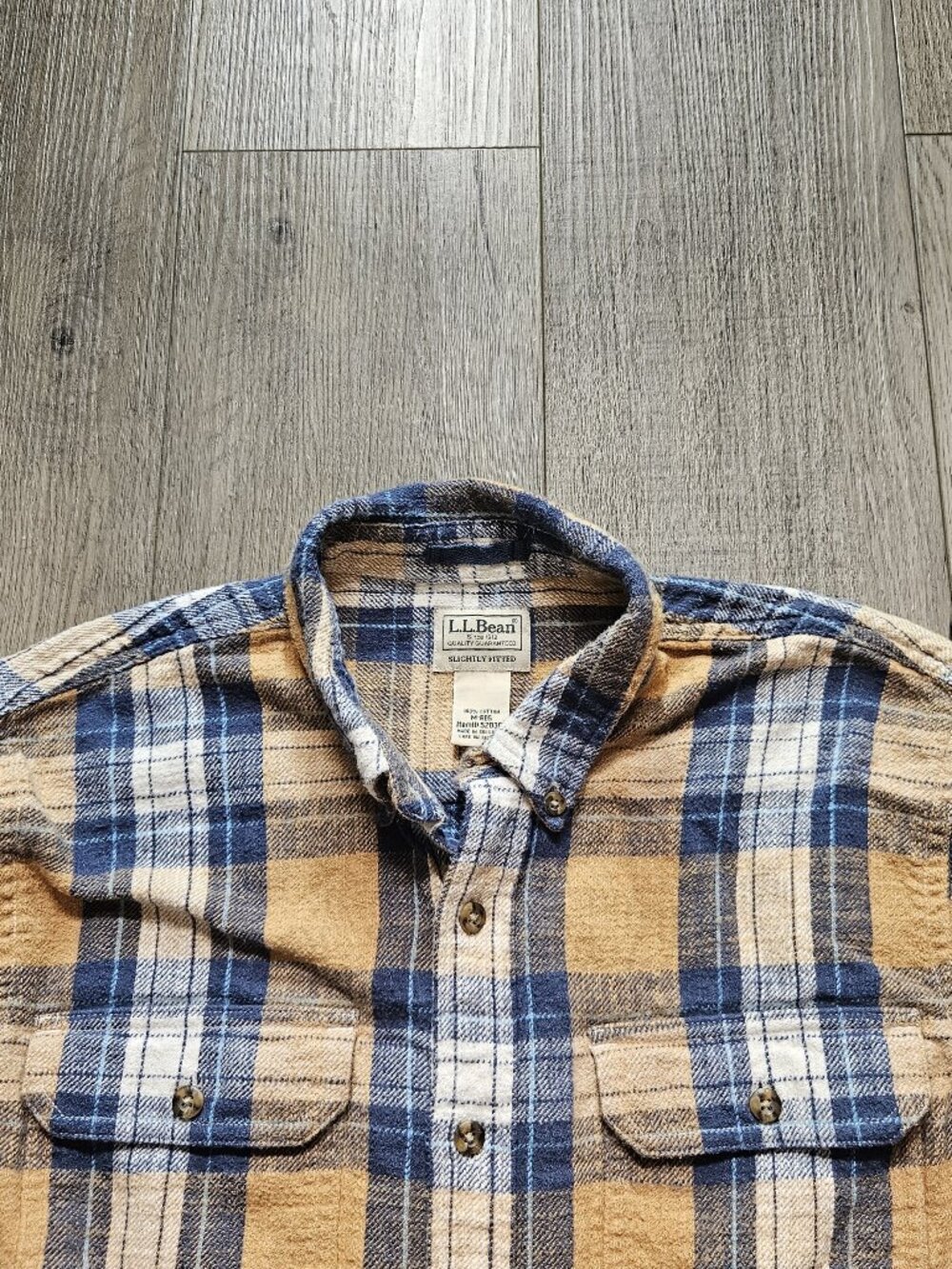 LL Bean Flannel Shirt Mens Medium Regular Mustard Blue Plaid Button Up 520381 - Picture 3 of 8